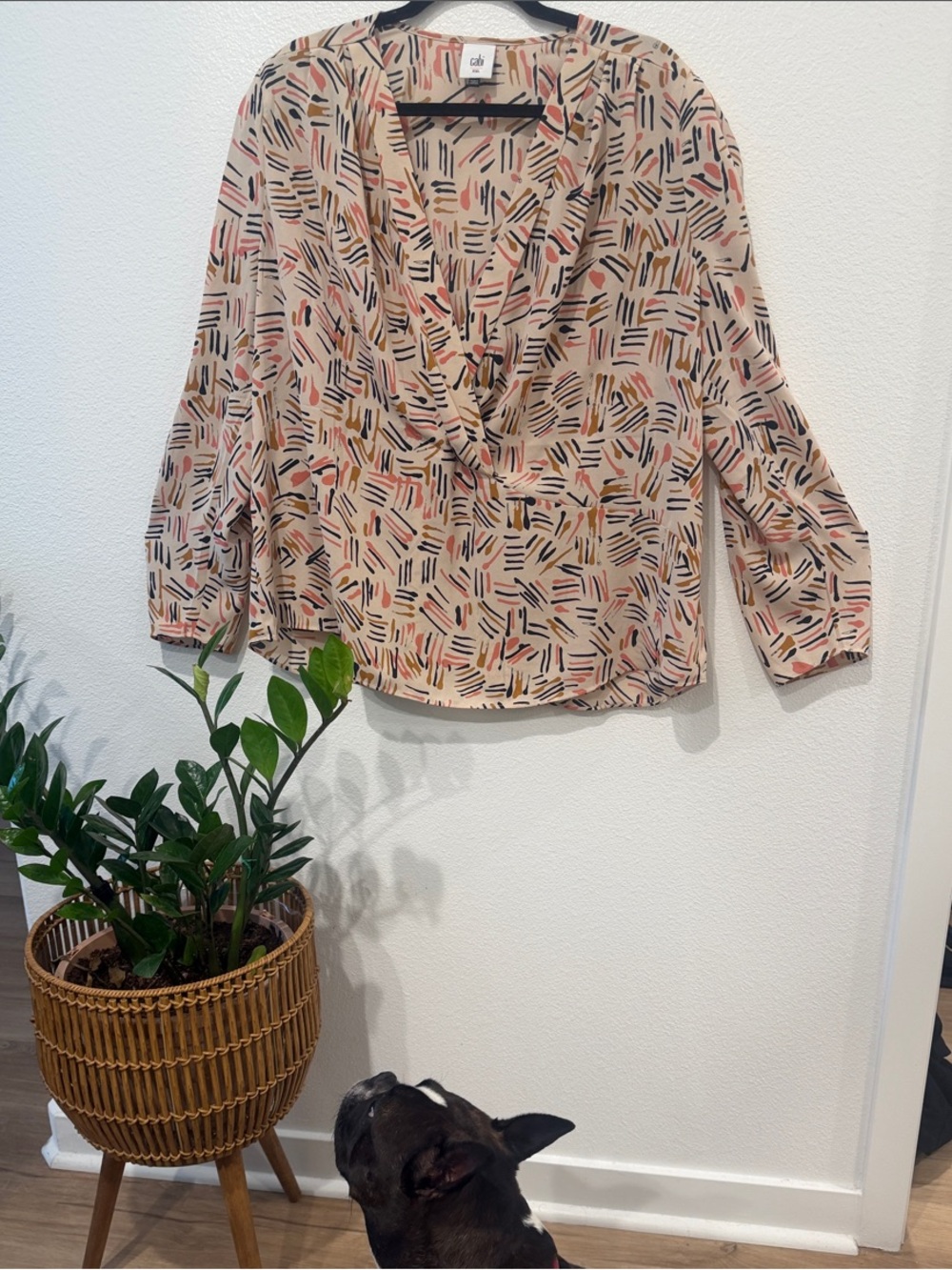 CAbi Cream Abstract-Print Draped V-Neck Blouse with Black and Pink Accents